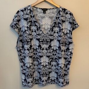 Halogen® V-Neck Cap Sleeve Shirt Navy Grey White size XL